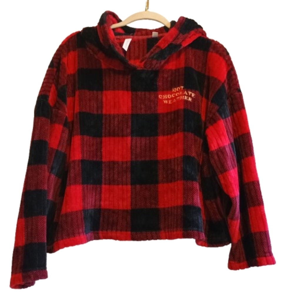 Joy Spun Women’s Cropped Hoodie Plaid Red Black “Hot Chocolate Weather”